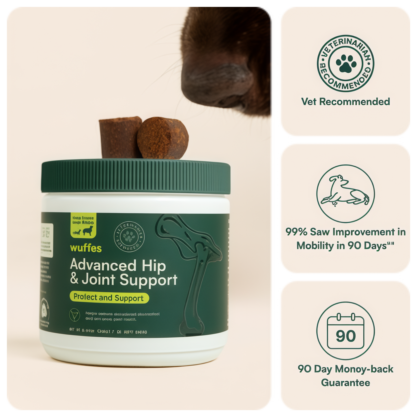Wuffes Advanced Dog Hip and Joint Supplement with Glucosamine, Chondroitin, Omega 3, MSM, and Green Lipped Mussel, 120 Pork Flavored Chews for Small and Medium Dog Breeds 180g
